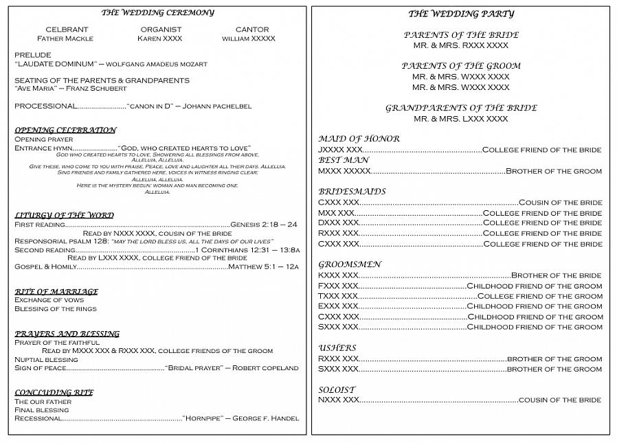 Voici un programme de mariage issu d'une cérémonie de mariage catholique